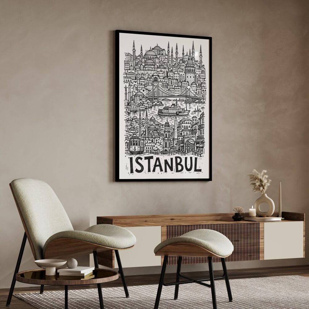 02 - Istanbul City Art - Pencil Style Art Print with Black Frame in Japandi Living Room - Vertical.jpg 02 - Istanbul City Art - Pencil Style Art Print with Black Frame in Japandi Living Room - Vertical.jpg