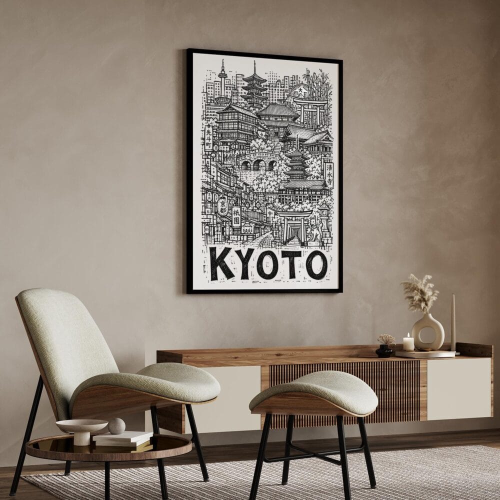 02 - Kyoto City Art - Pencil Style Art Print with Black Frame in Japandi Living Room - Vertical.jpg 02 - Kyoto City Art - Pencil Style Art Print with Black Frame in Japandi Living Room - Vertical.jpg