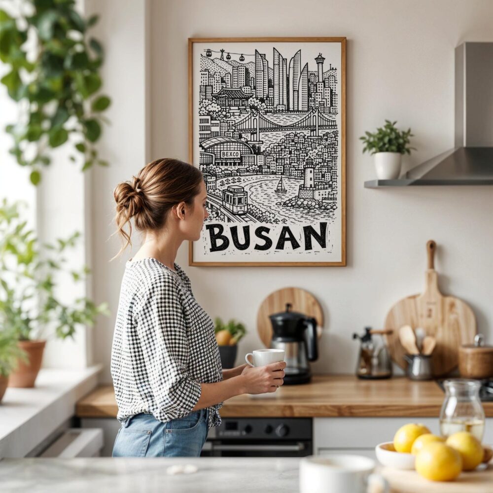 03 - Framed Busan City Art - Pencil Style Art Print hanging in Kitchen with woman making coffee - Vertical.jpg 03 - Framed Busan City Art - Pencil Style Art Print hanging in Kitchen with woman making coffee - Vertical.jpg