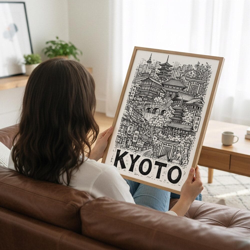 03 - Woman Holding Framed Kyoto City Art - Pencil Style Art Print - Vertical.jpg 03 - Woman Holding Framed Kyoto City Art - Pencil Style Art Print - Vertical.jpg