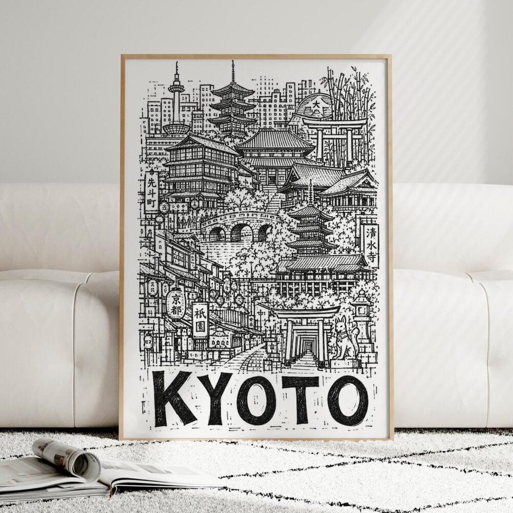 04 - Framed Kyoto City Art - Pencil Style Art Print leaning against couch - Vertical.jpg 04 - Framed Kyoto City Art - Pencil Style Art Print leaning against couch - Vertical.jpg