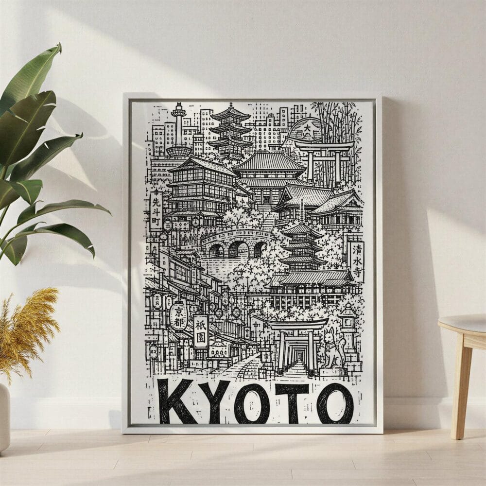 04 - Kyoto City Art - Pencil Style Canvas Print with White Floater Frame - Standing on Floor - Vertical.jpg 04 - Kyoto City Art - Pencil Style Canvas Print with White Floater Frame - Standing on Floor - Vertical.jpg