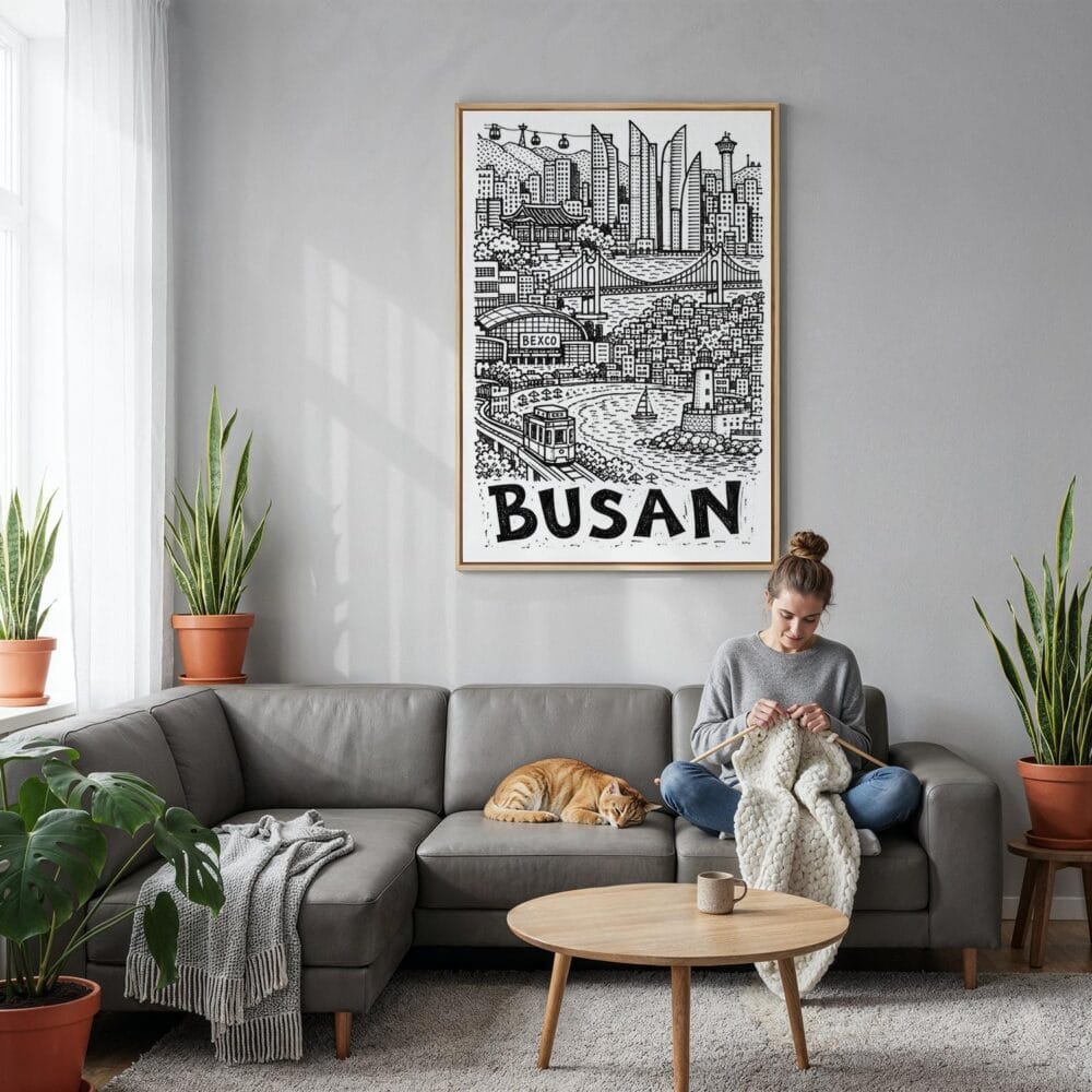 05 - Busan City Art - Pencil Style Canvas Print with Natural Floater Frame - Woman Knitting on grey couch - Vertical.jpg 05 - Busan City Art - Pencil Style Canvas Print with Natural Floater Frame - Woman Knitting on grey couch - Vertical.jpg