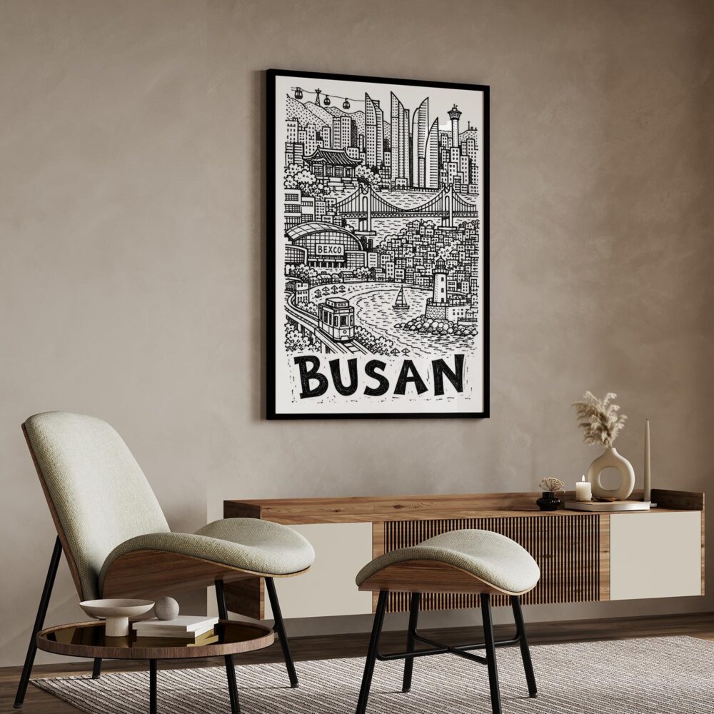06 - Busan City Art - Pencil Style Art Print with Black Frame in Japandi Living Room - Vertical.jpg 06 - Busan City Art - Pencil Style Art Print with Black Frame in Japandi Living Room - Vertical.jpg